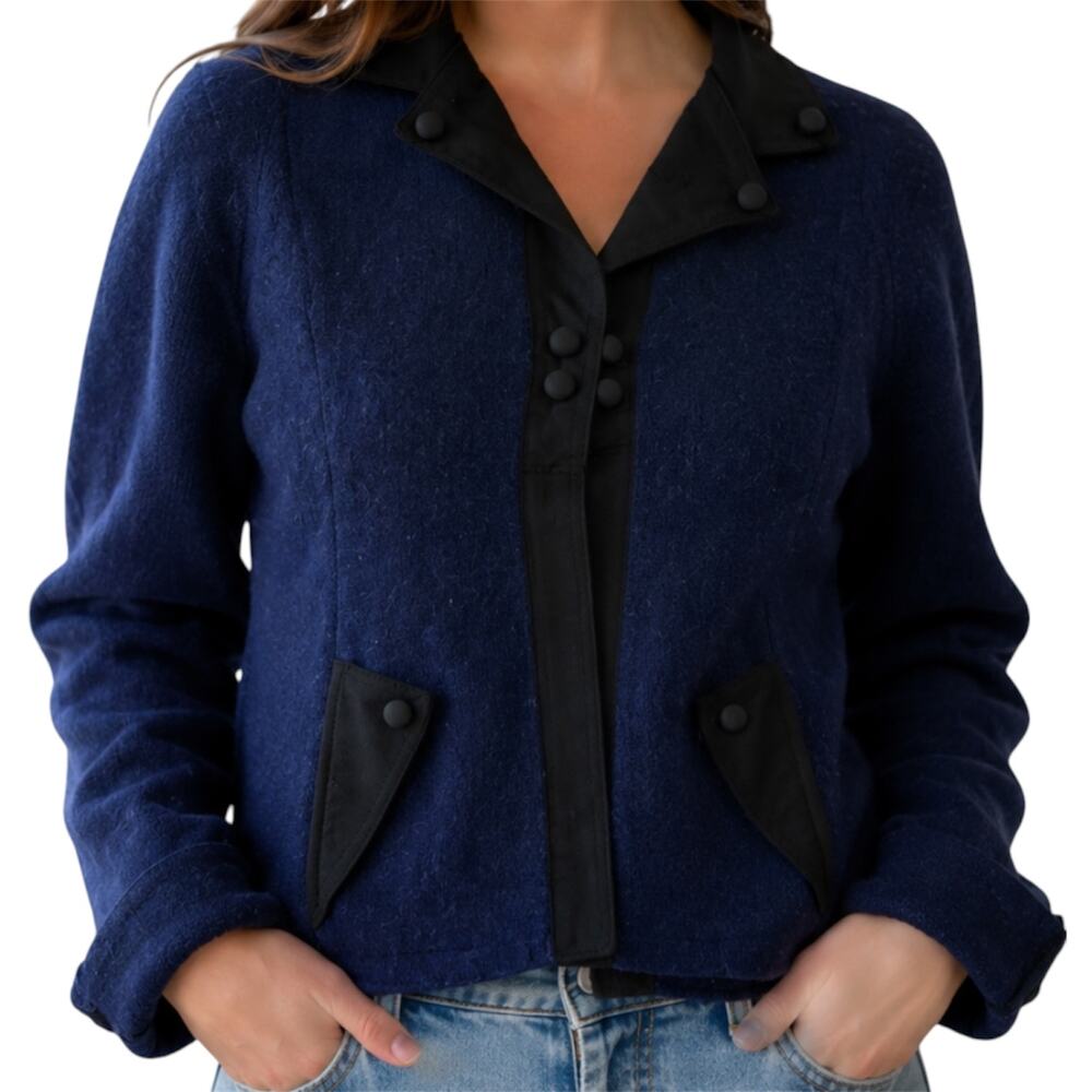 Anthropologie Sparrow 100% Lambswool Blazer Cardigan Button Pocket Blue Black XS